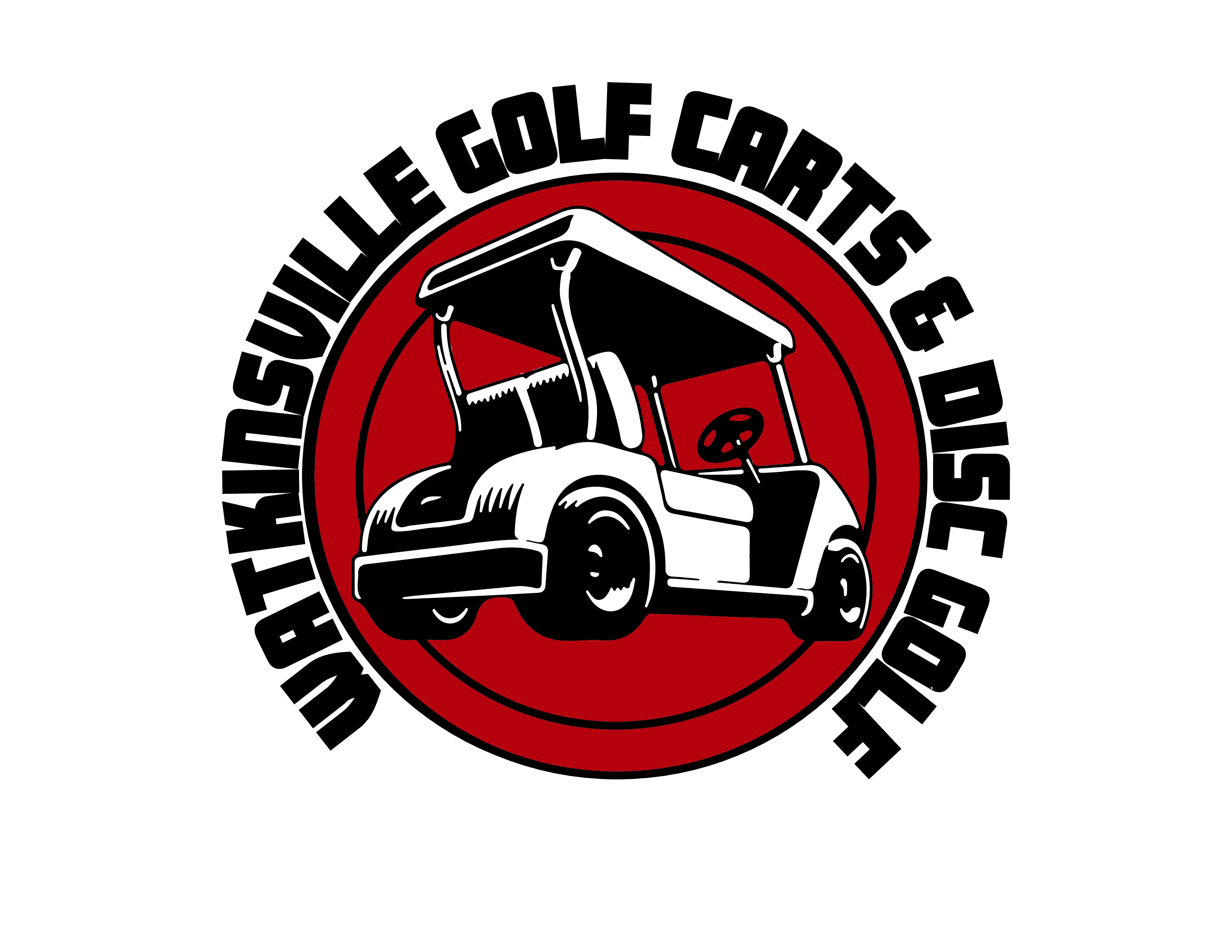 A red and white logo of a golf cart.