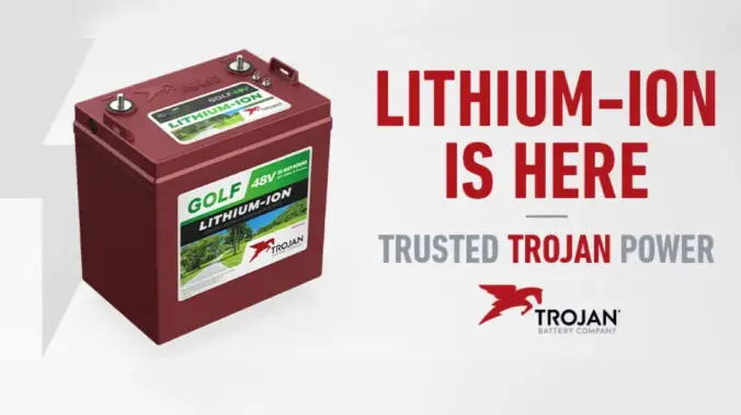 A red lithium ion battery is next to the trojaner logo.