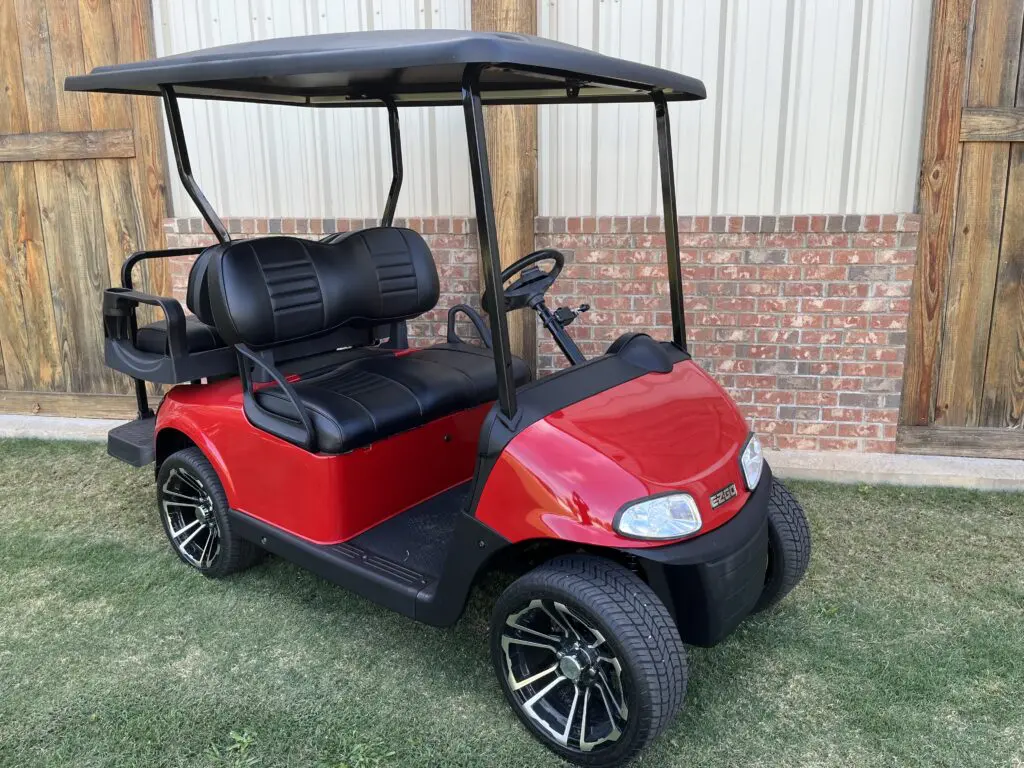 red ezgo black wheels no windshield, backseat