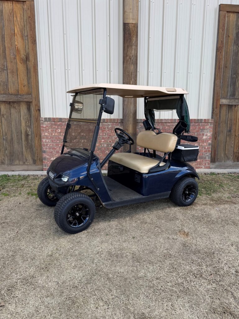 Blue golf cart parked on grass near wooden fence.