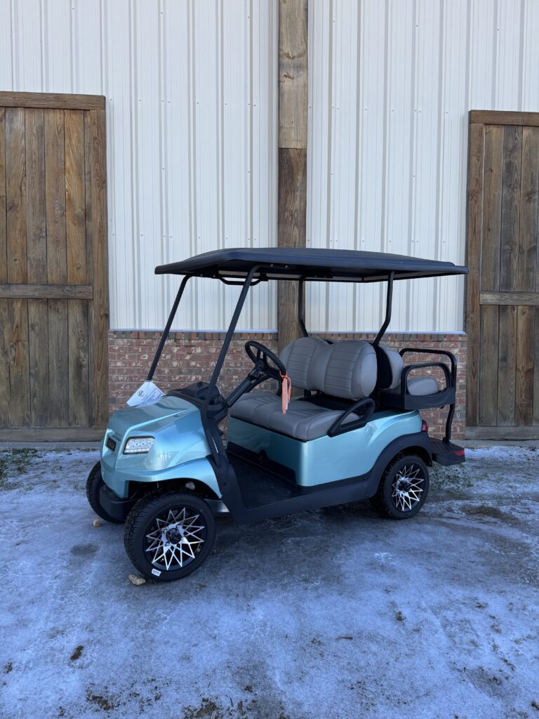 Blue golf cart with black roof parked on snow near wooden doors.