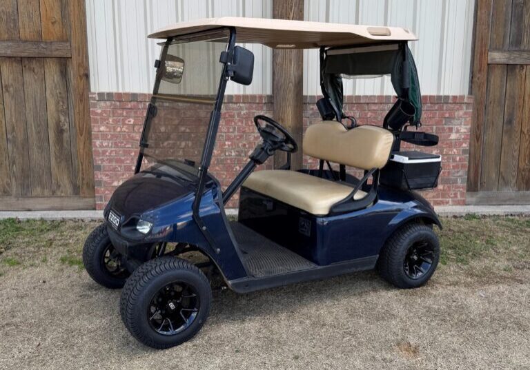 Blue golf cart parked on grass near wooden fence.