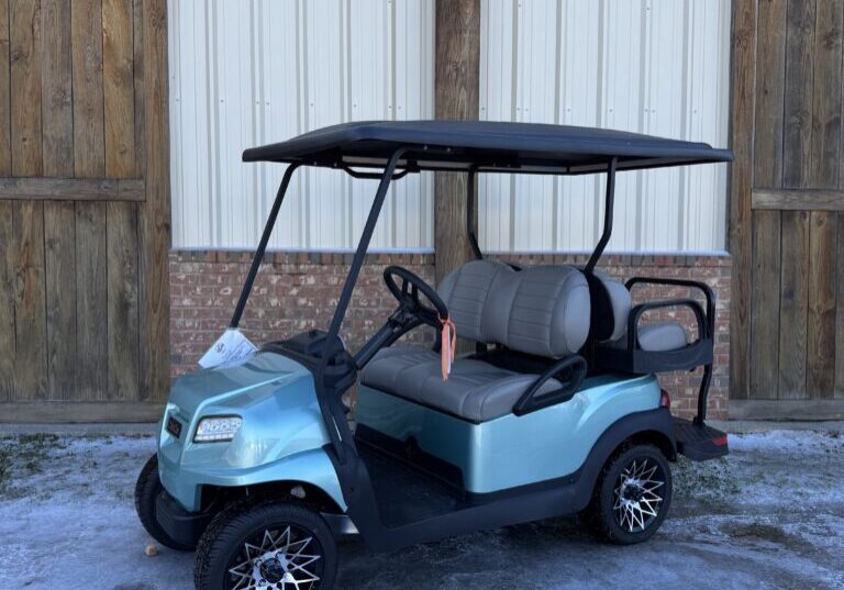 Blue golf cart with black roof parked on snow near wooden doors.