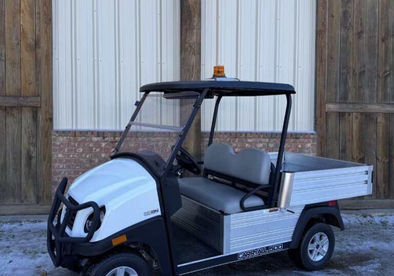 White utility cart parked outside a building with wooden doors.