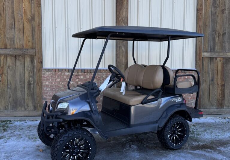 A sleek black golf cart parked outside wooden doors on a snowy surface.