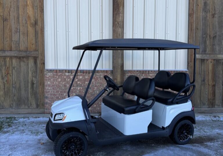 White golf cart with black roof and seats parked outside wooden doors.
