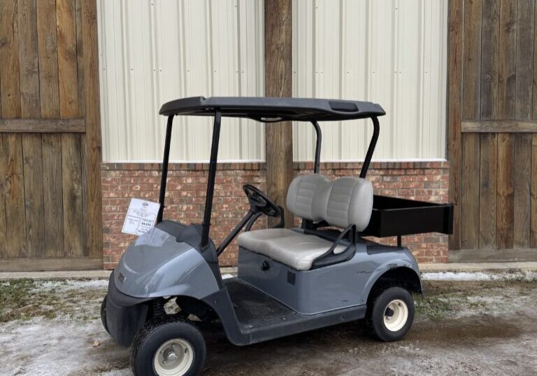 Gray golf cart parked outside near wooden doors.
