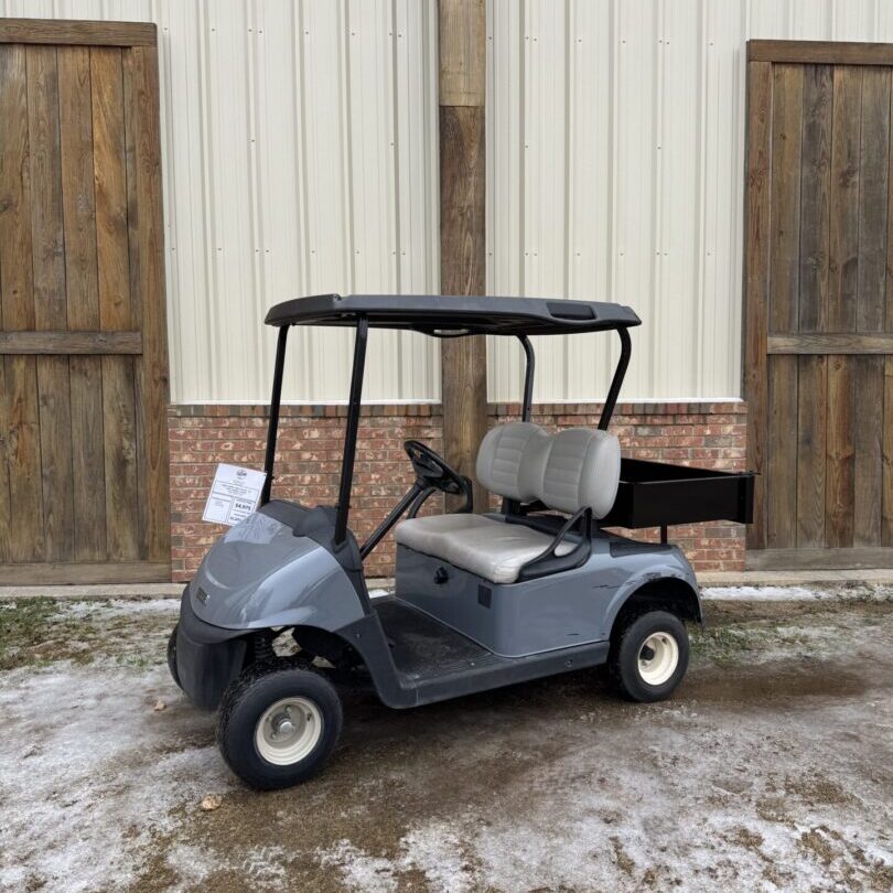 Gray golf cart parked outside near wooden doors.