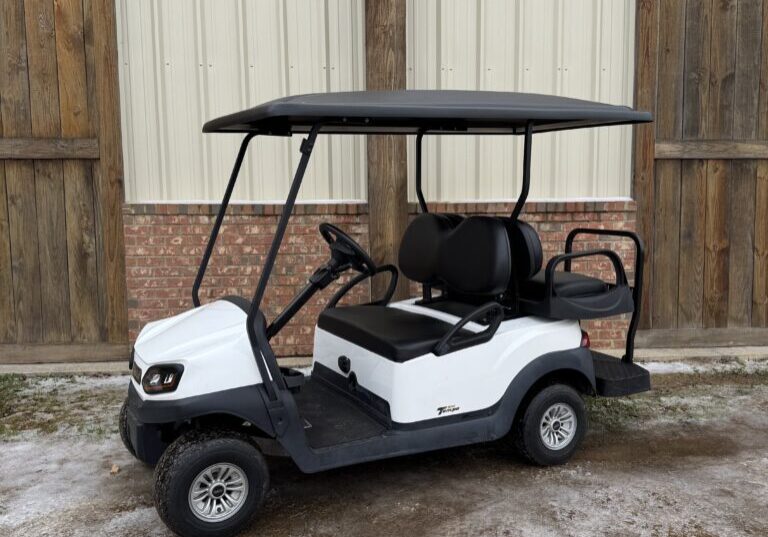 White golf cart parked on a snowy driveway beside a wooden fence.