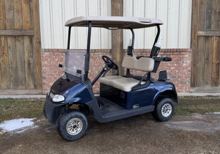 A blue golf cart parked outdoors in front of a wooden and metal building.