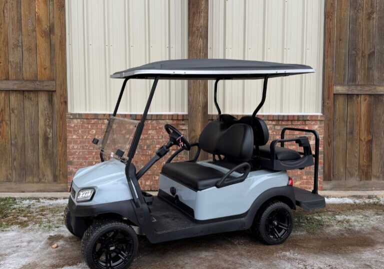 A gray golf cart parked on a snowy surface near wooden doors.
