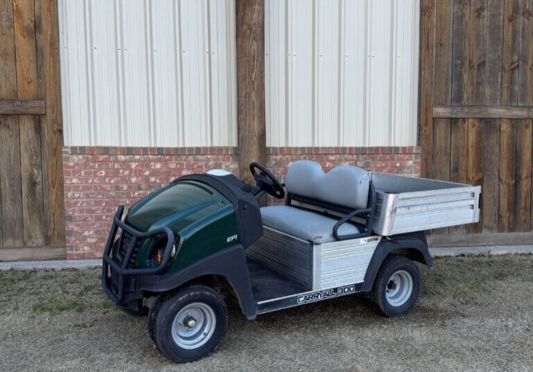 A compact green utility vehicle parked outside wooden doors.