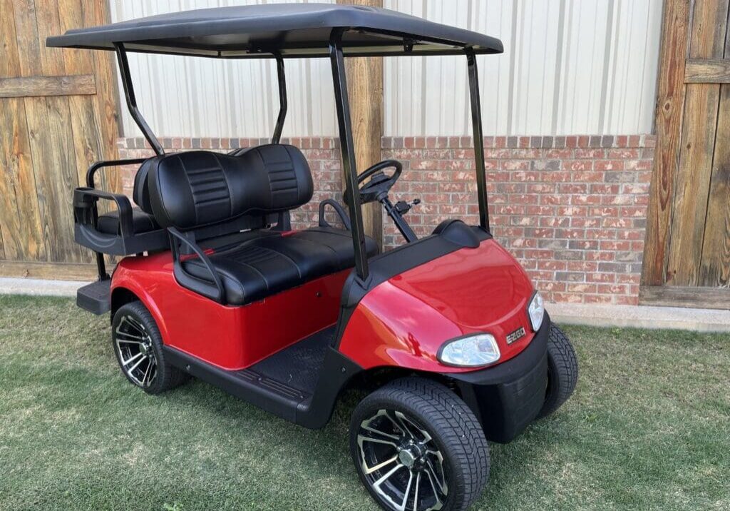 red ezgo black wheels no windshield, backseat