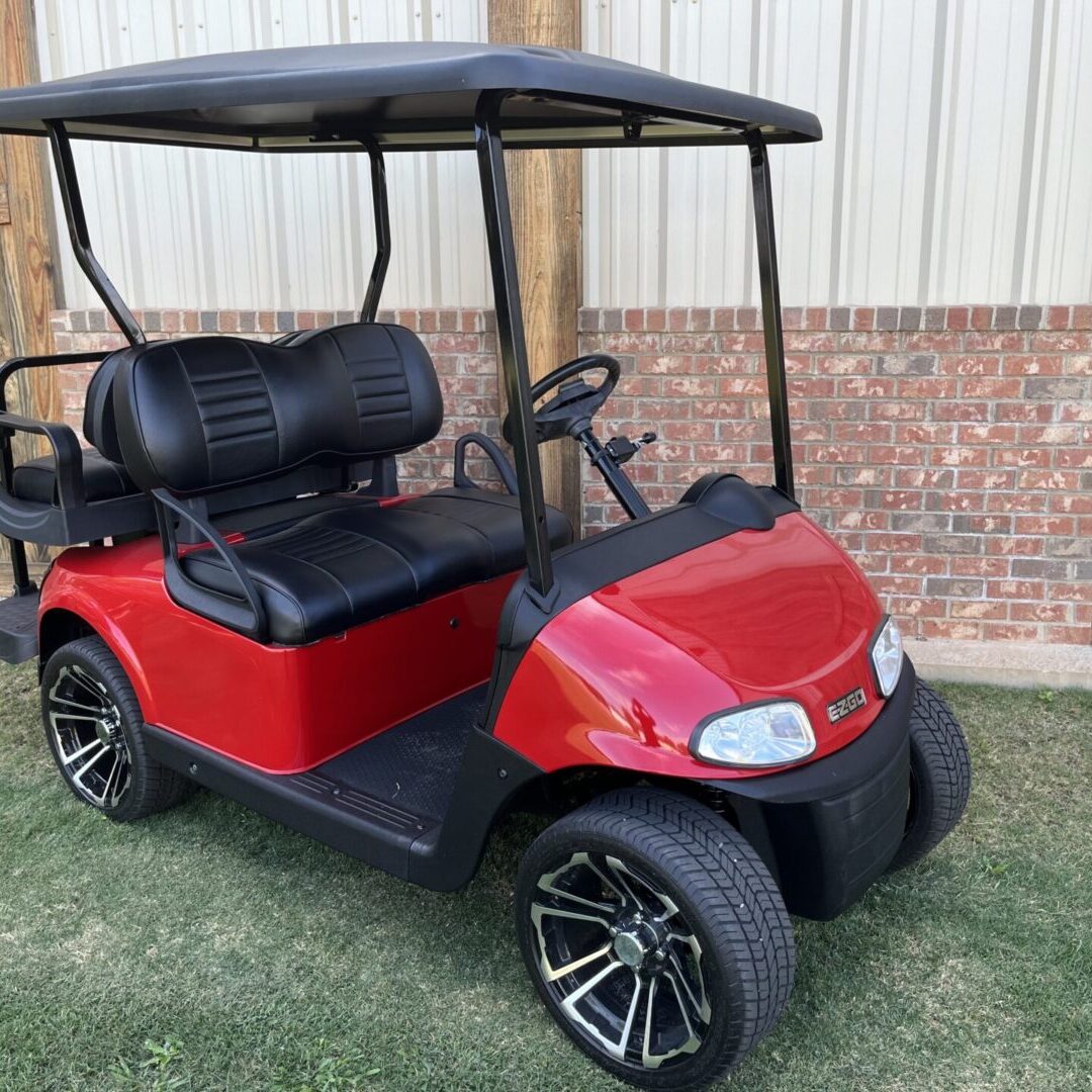 red ezgo black wheels no windshield, backseat